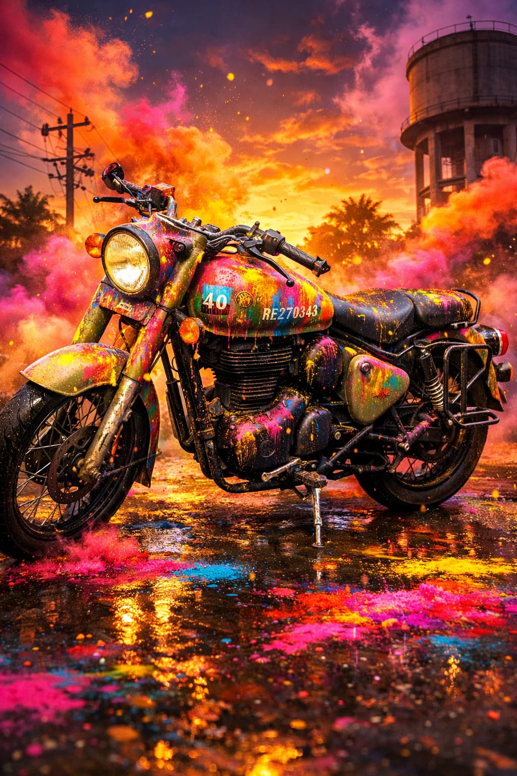 AI Holi bike image with multicolour gulaal