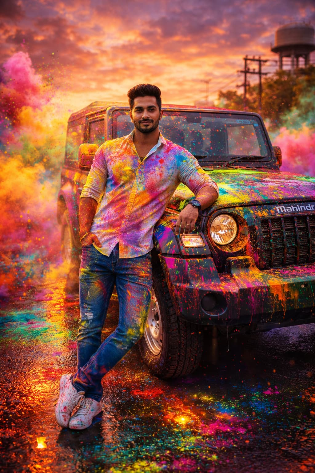 AI Holi man with SUV covered in multicolour gulaal