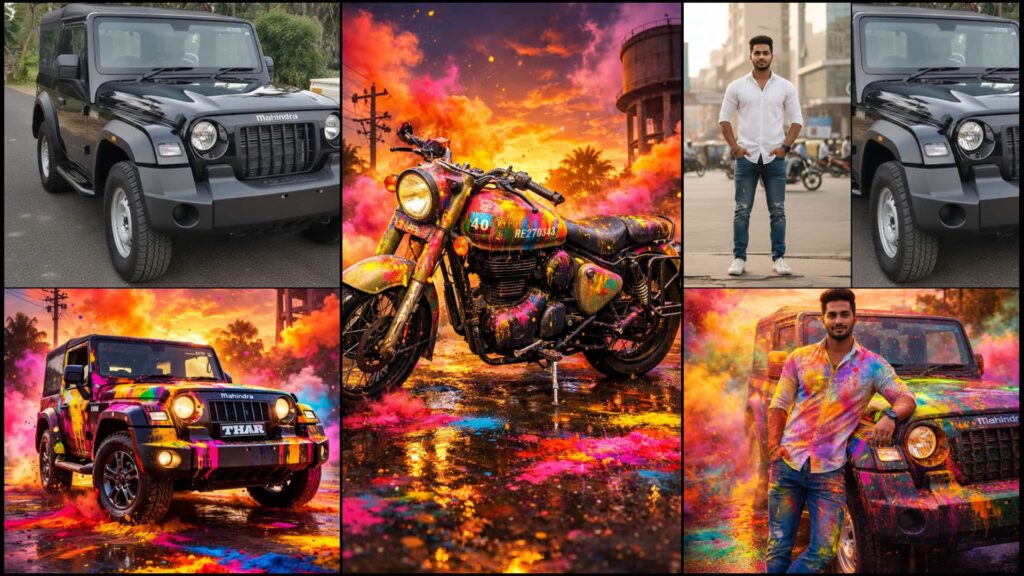 Create viral Holi images with AI. Use the best multicolour gulaal prompts for bike and car photos with cinematic festival effects and pro-quality results. holi ai prompts bike holi ai image car holi ai image holi festival ai prompts viral holi ai images ai prompts for bike and car holi photo ai prompt holi social media ai images mahindra thar holi ai prompt royal enfield holi ai prompt