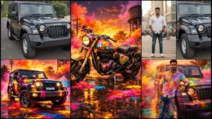 Create viral Holi images with AI. Use the best multicolour gulaal prompts for bike and car photos with cinematic festival effects and pro-quality results. holi ai prompts bike holi ai image car holi ai image holi festival ai prompts viral holi ai images ai prompts for bike and car holi photo ai prompt holi social media ai images mahindra thar holi ai prompt royal enfield holi ai prompt