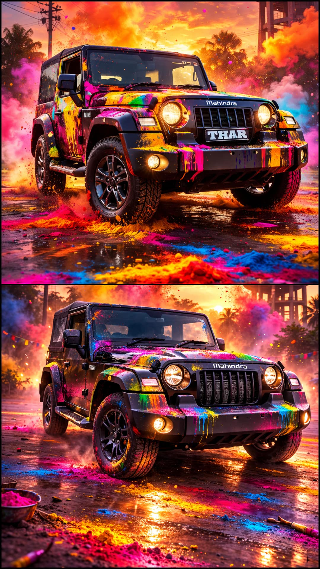 AI Holi car covered in multicolour gulaal